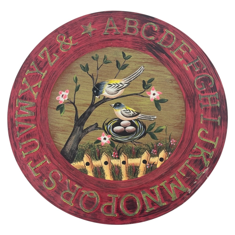 Vintage Metal Alphabet Plate Wall Decor Hand Painted Bird Nest Rustic Red 12in